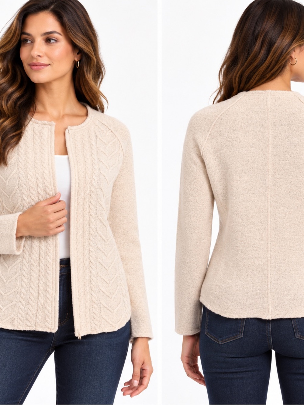 Knitted & Knotted 100% Wool fitted Cable Knit Jacket Cardigan Cream Size L